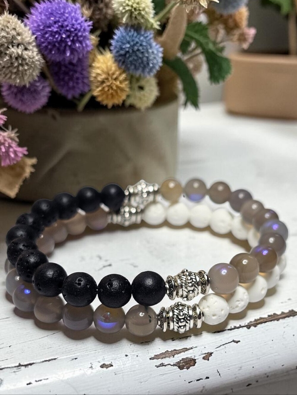 Beaded Bracelet Duo with Matte Black, Gray and White Stones